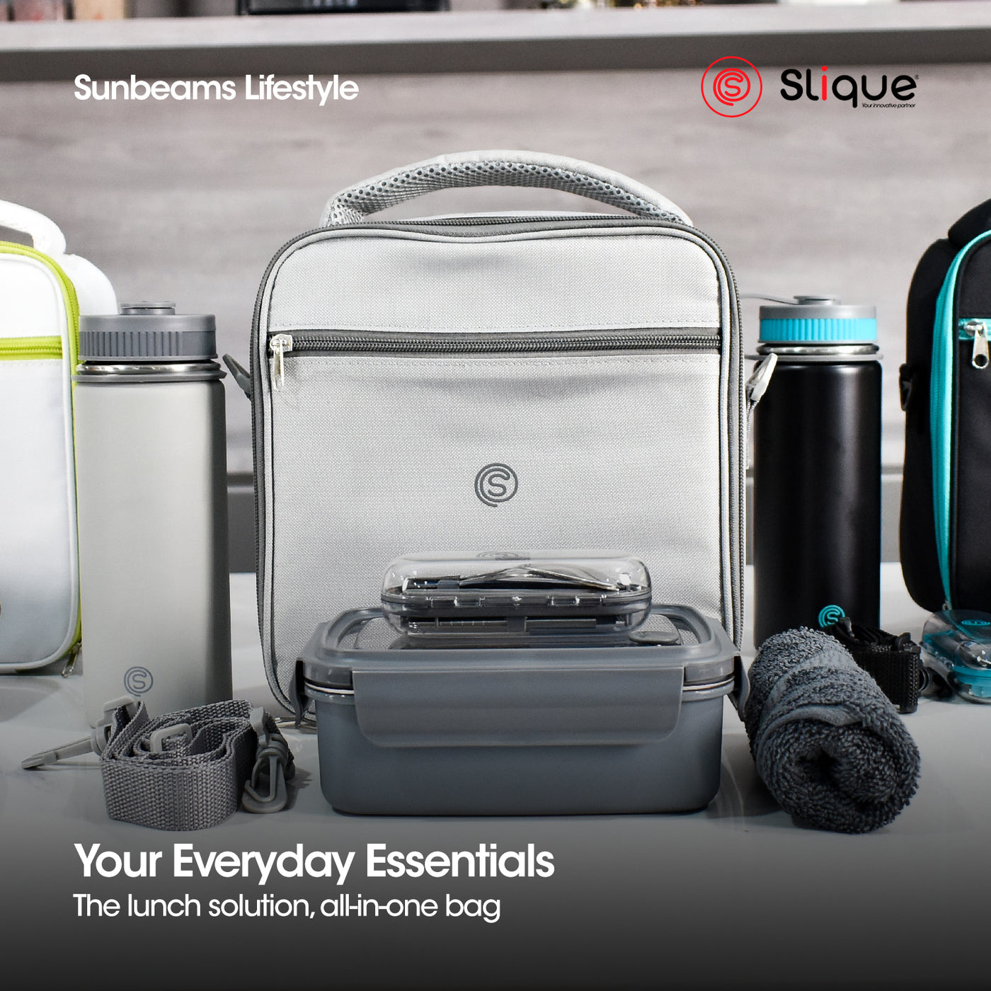 SLIQUE Premium Lunch Box Insulated Water Proof Thermal Bag w/ Detachable Shoulder Strap Set of 5 Grey