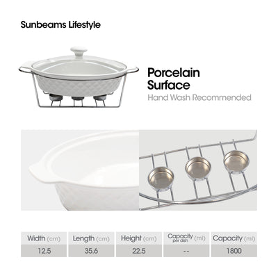 SLIQUE Premium Ceramic Oval Casserole Dish with Silver Plated Tealight Candle Holder 1800ml Amazing Gift Idea For Any Occasion!
