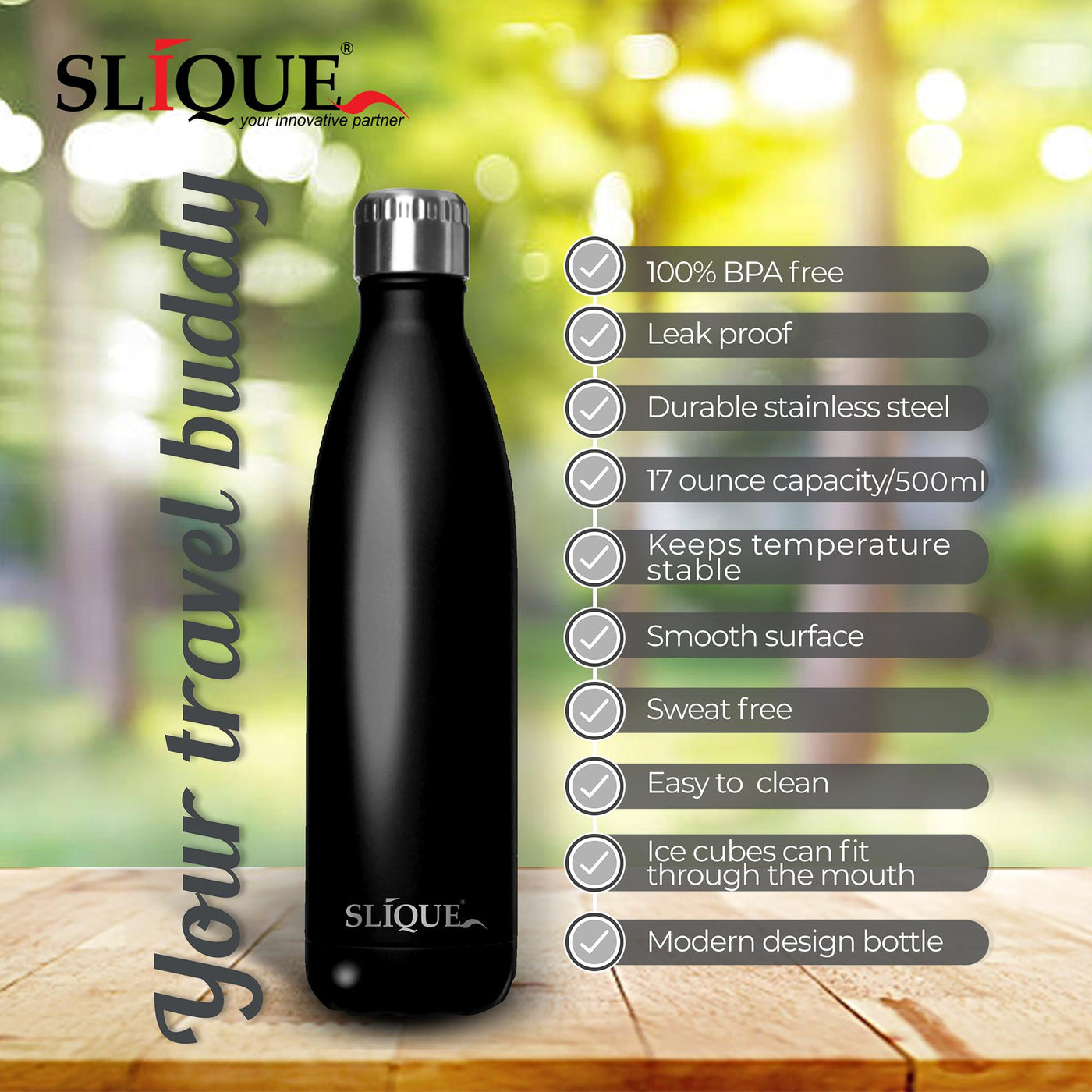 SLIQUE Stainless Steel Matte Finish Insulated Water Bottle 500ml (Black)
