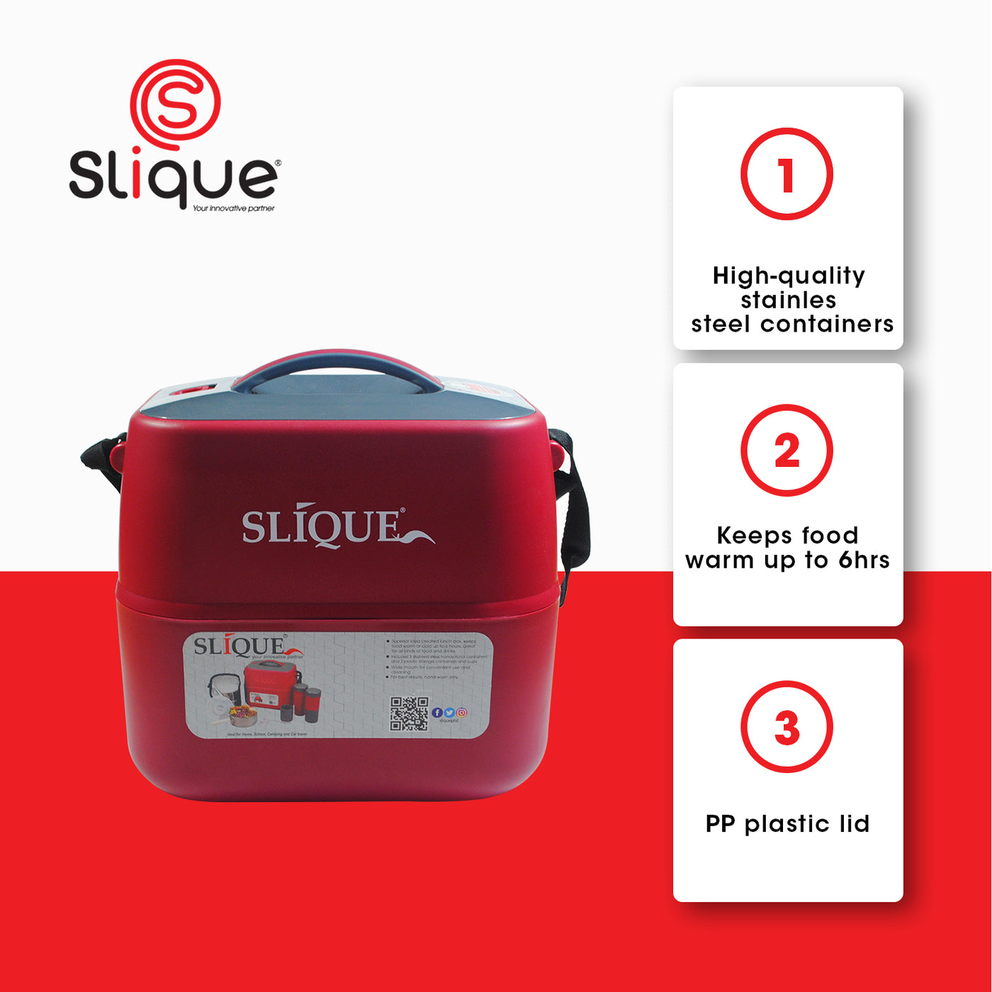 SLIQUE Premium Insulated Pot Luck Lunch Box Set w/ Shoulder Strap 3600ml3.6L BPA Free Set of 18 Amazing Gift Idea For Any Occasion! (Red)