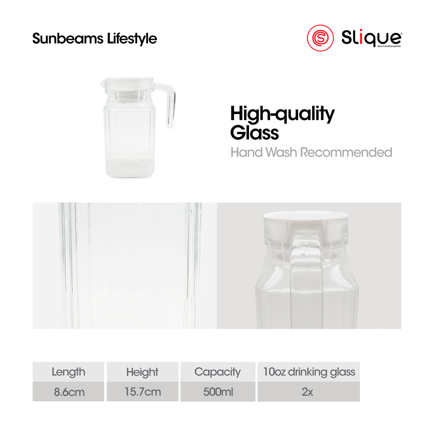 SLIQUE Premium Glass Pitcher w/ White Lid 500 ml, Line Collection Amazing Gift Idea For Any Occasion!