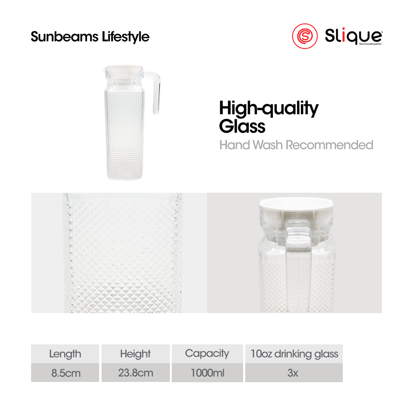 SLIQUE Premium Glass Pitcher w/ Grey Lid 1800 ml, Diamond Collection Amazing Gift Idea For Any Occasion!