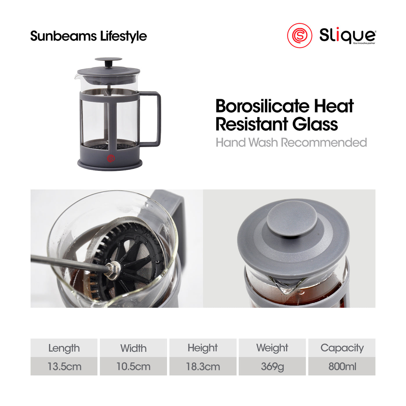 SLIQUE Premium Borosilicate Glass French Coffee Press 350ml Modern Italian Design Amazing Gift Idea For Any Occasion!