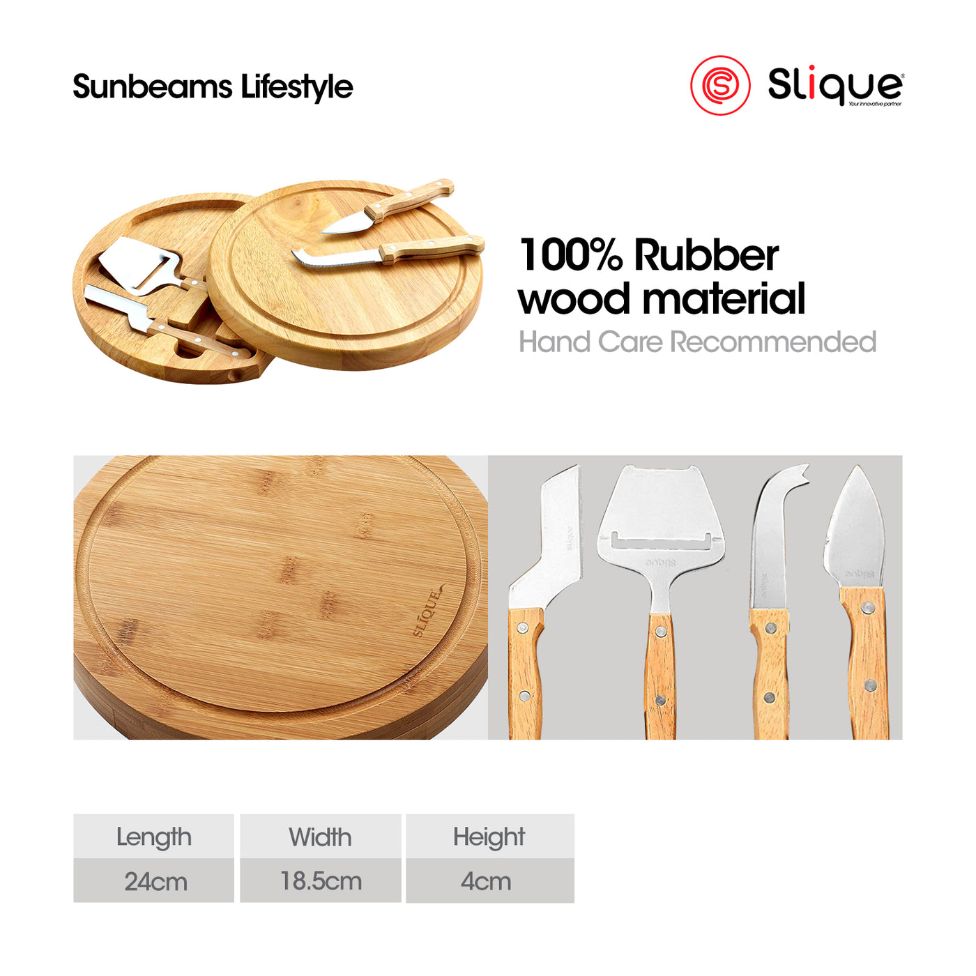 SLIQUE Premium Bamboo Cheese Board and Stainless Steel Cutlery Set of 5