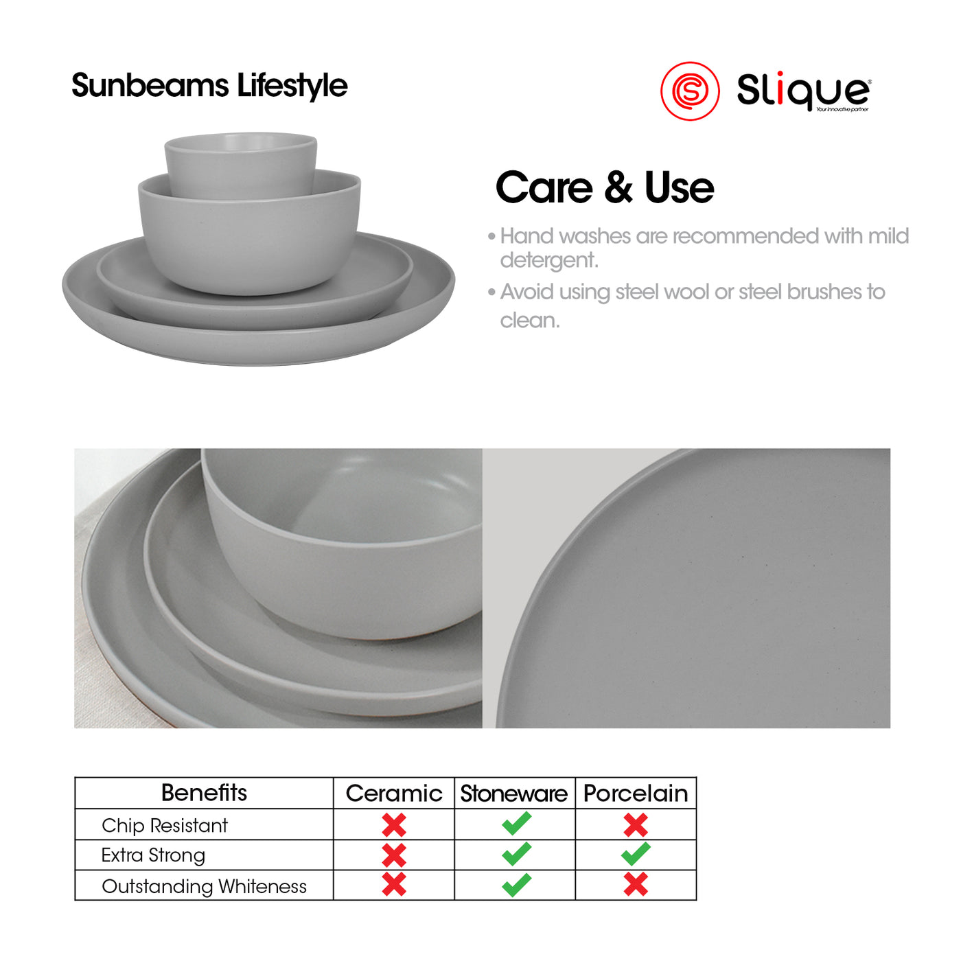 Slique Dinnerware [Set of 4] Glazed Stoneware High Quality, Ceramic Surface, Chip resistant, Element Collection