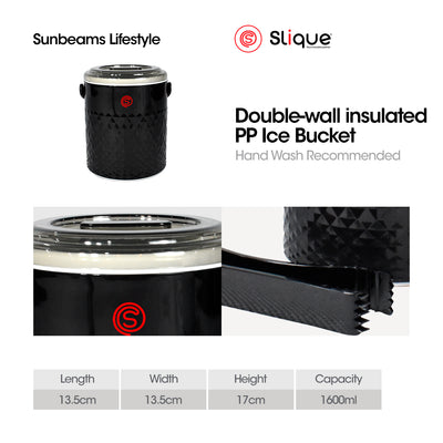 SLIQUE Premium Insulated Ice Bucket w/ Tong  1600ml 1.6L  Amazing Gift Idea For Any Occasion! (Black)