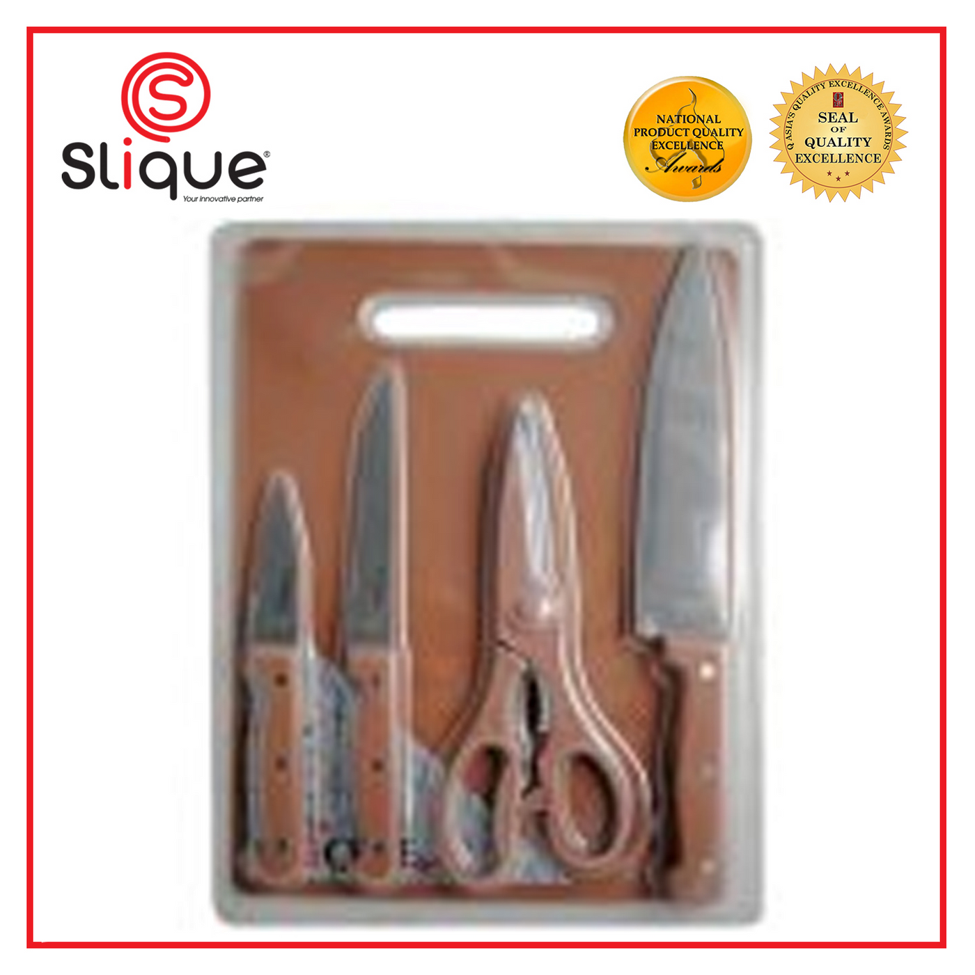 SLIQUE Premium Stainless Steel Kitchen Knife w/ Scissors Cutting Board Set of 5