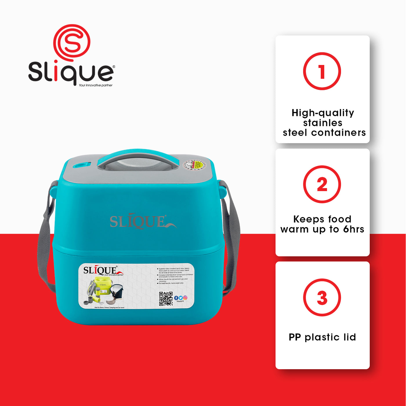 SLIQUE Premium Insulated Pot Luck Lunch Box Set w/ Shoulder Strap 3600ml Set of 18 (Aqua Green)