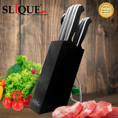 SLIQUE Premium Stainless Steel Kitchen Knife Block w/ Scissors TPR Anti-Slip Handle Set of 7 Amazing Gift Idea For Any Occasion!