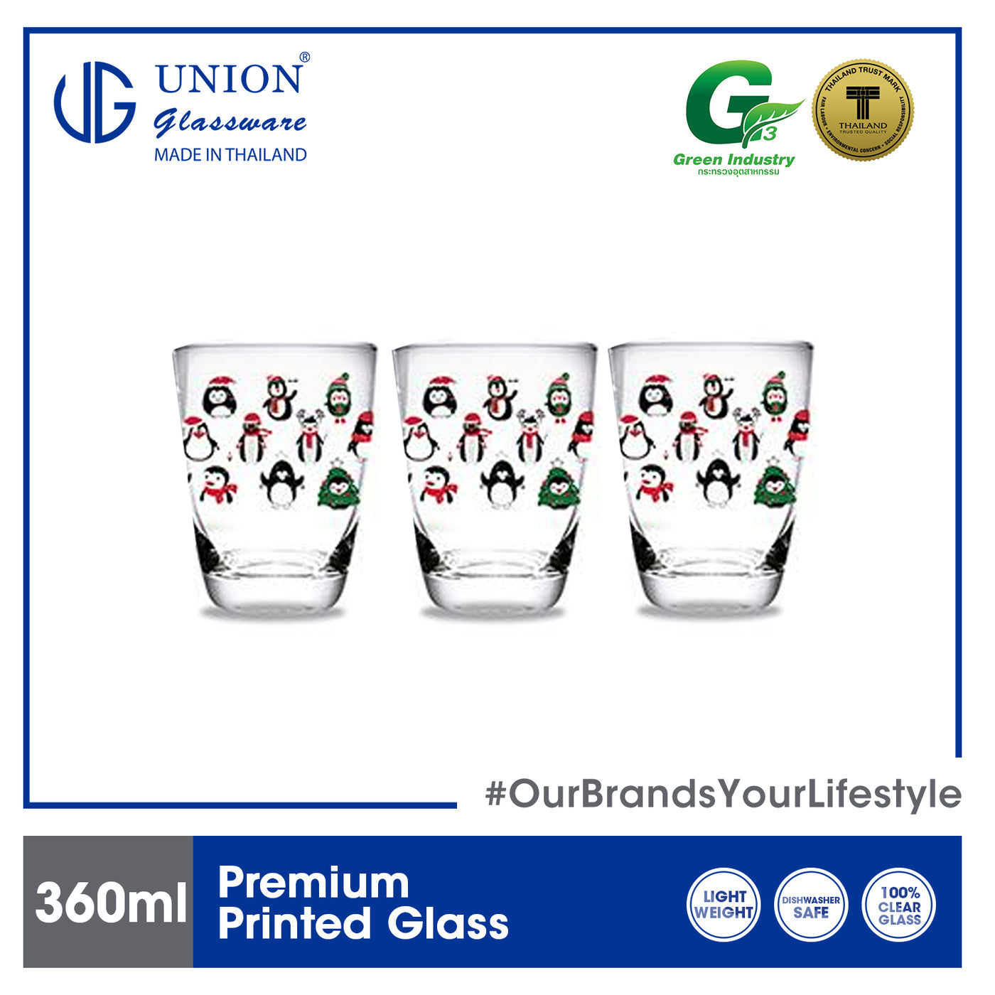 UNION GLASS Printed Glass Limited Edition Design Water, Juice, Soda, Liquor Glass 360ml | 13oz [Set of 3] Amazing Gift Idea For Any Occasion!