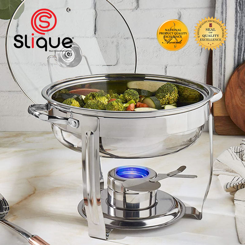 SLIQUE Premium Stainless Steel Round Chafing Dish w/ Warmer & Burner 5000ml|5L