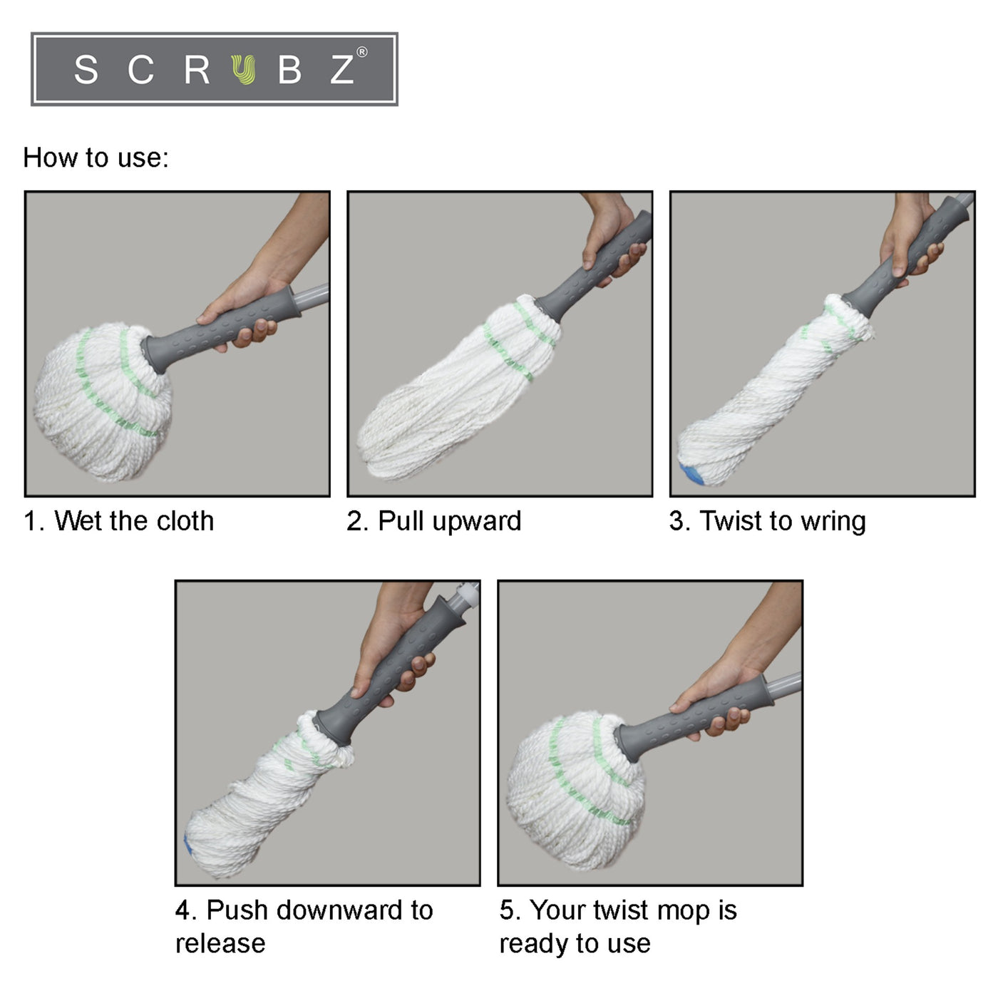 SCRUBZ Heavy Duty Cleaning Essentials Easy Grip Premium Microfiber Twist Mop Self-Wringing