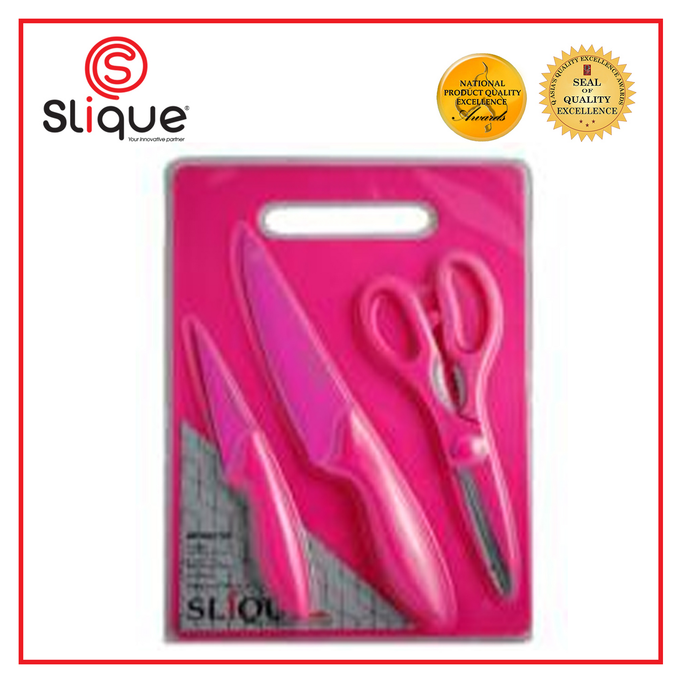 SLIQUE Premium Stainless Steel Non-Stick Kitchen Knife w/ Scissors Cutting Board Set of 5 Amazing Gift Idea For Any Occasion! (Pink)