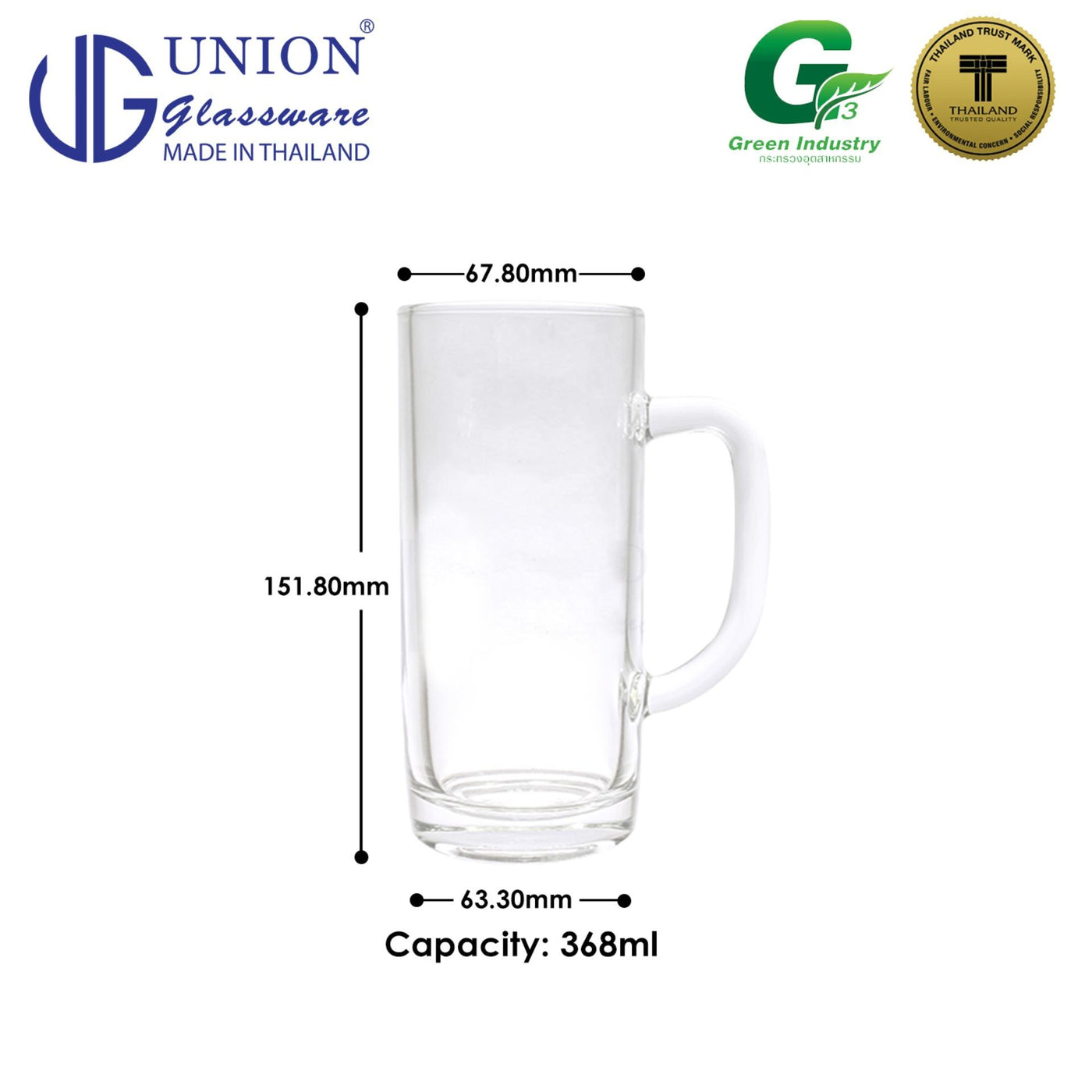 UNION GLASS Thailand Premium Clear Glass Beer Mug Beer Lovers 400ml Set of 6 Amazing Gift Idea For Any Occasion!
