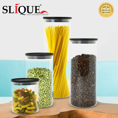 SLIQUE Premium Borosilicate Glass Jar w/ Silicone Plastic Lid Airtight  Set of 4  Storage Essentials Amazing Gift Idea For Any Occasion!