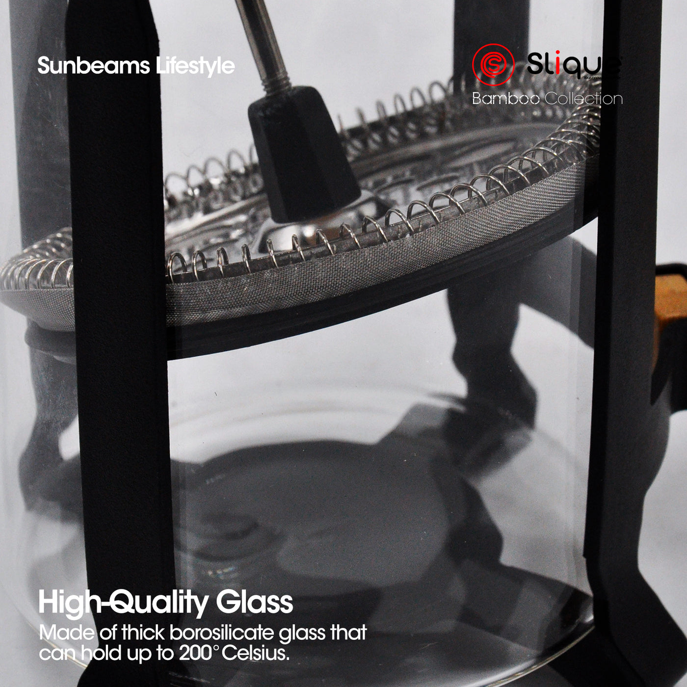SLIQUE French Coffee Press Boroscilicate Glass Bamboo Handle & Lid | Stainless Steel Filter | Modern Italian Design