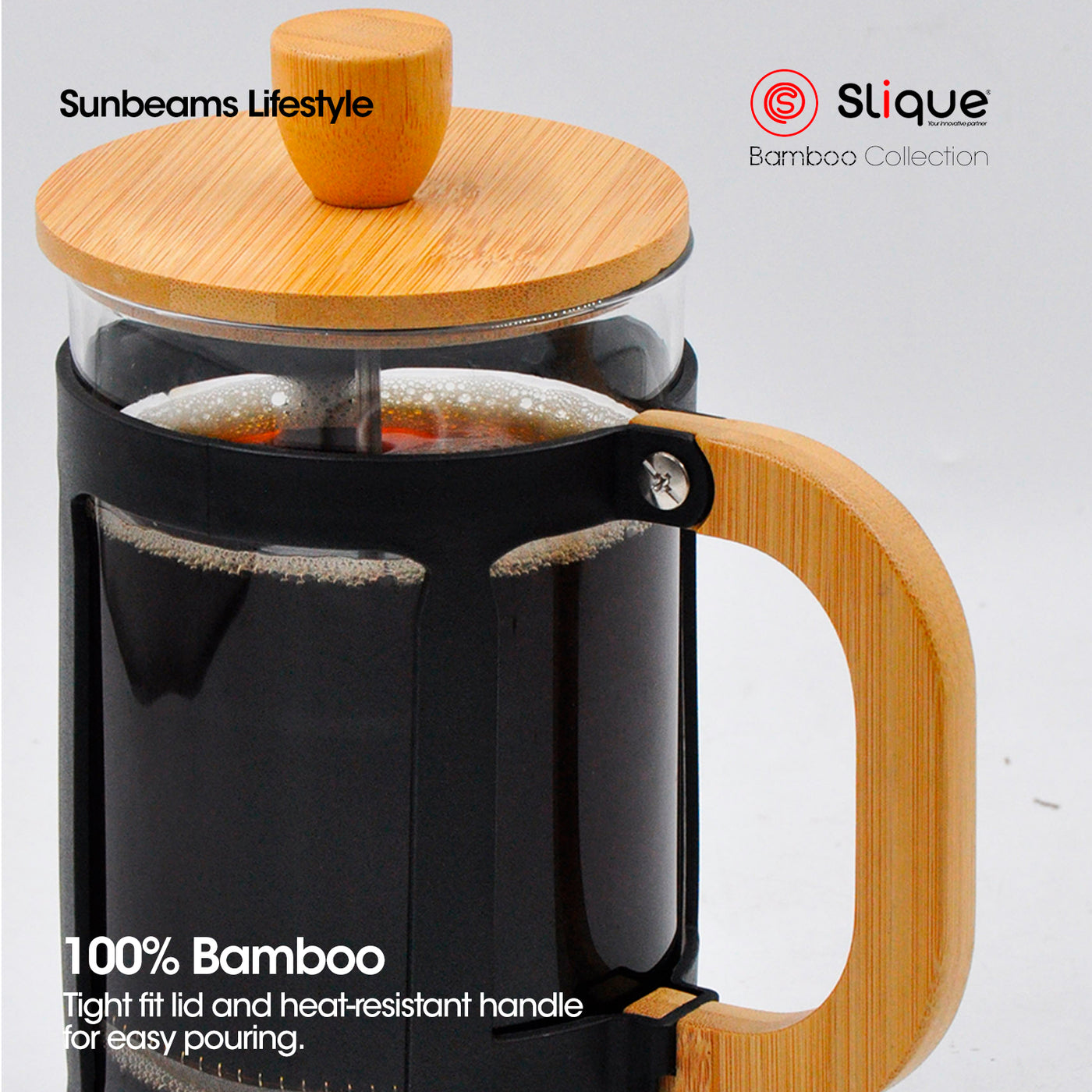 SLIQUE French Coffee Press Boroscilicate Glass Bamboo Handle & Lid | Stainless Steel Filter | Modern Italian Design