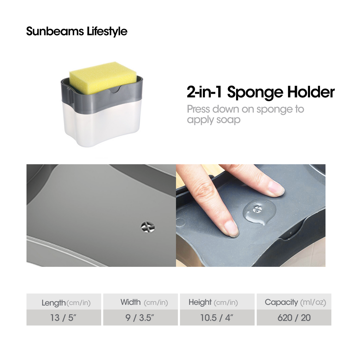 SCRUBZ Premium 2-in-1 Sponge Holder w/ Soap Dispenser Cleaning Material 14 x 9 x 10.8 cm Made of Polypropylene(PP)