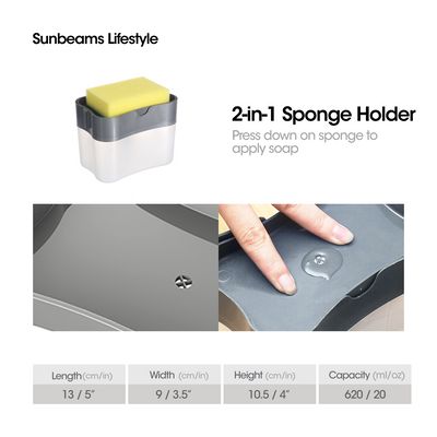 SCRUBZ Premium 2-in-1 Sponge Holder w/ Soap Dispenser Cleaning Material 14 x 9 x 10.8 cm Made of Polypropylene(PP)