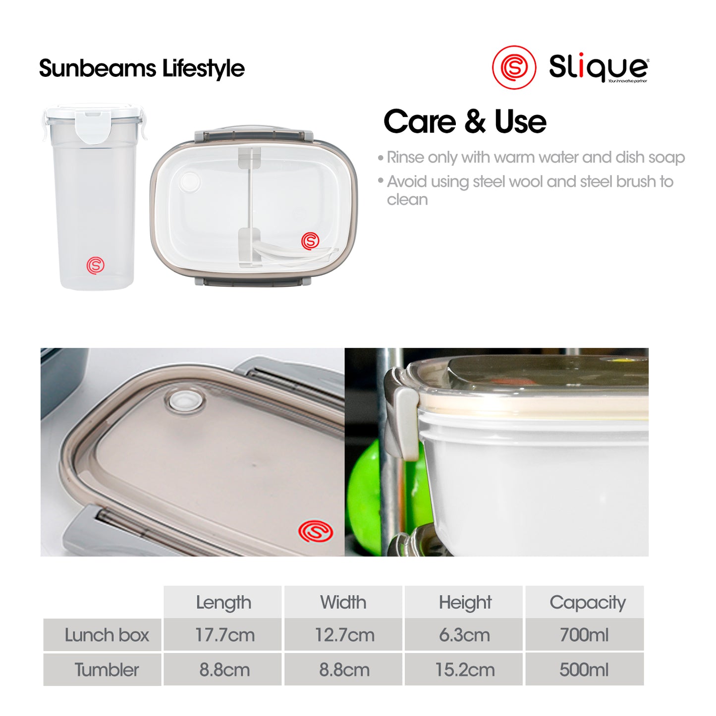 SLIQUE Premium Lunch Box Airtight Microwave Safe Set of 2 (Grey)