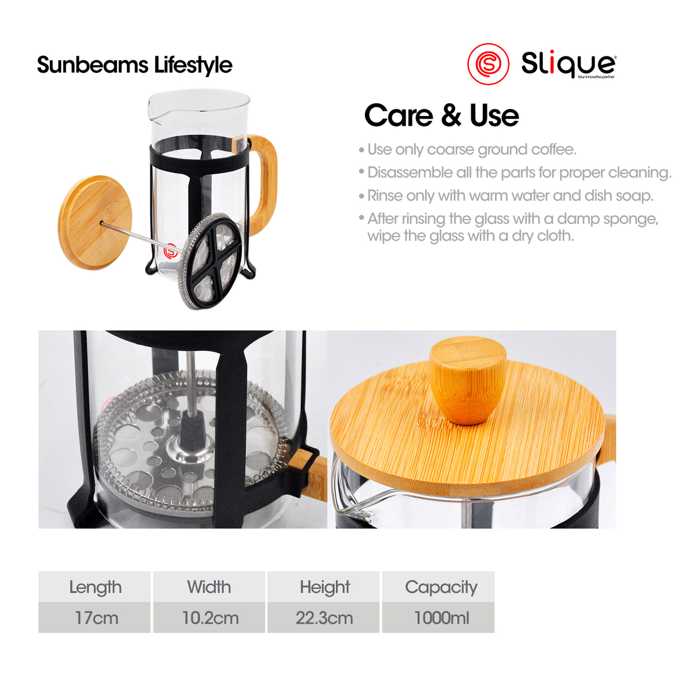 SLIQUE French Coffee Press Boroscilicate Glass Bamboo Handle & Lid