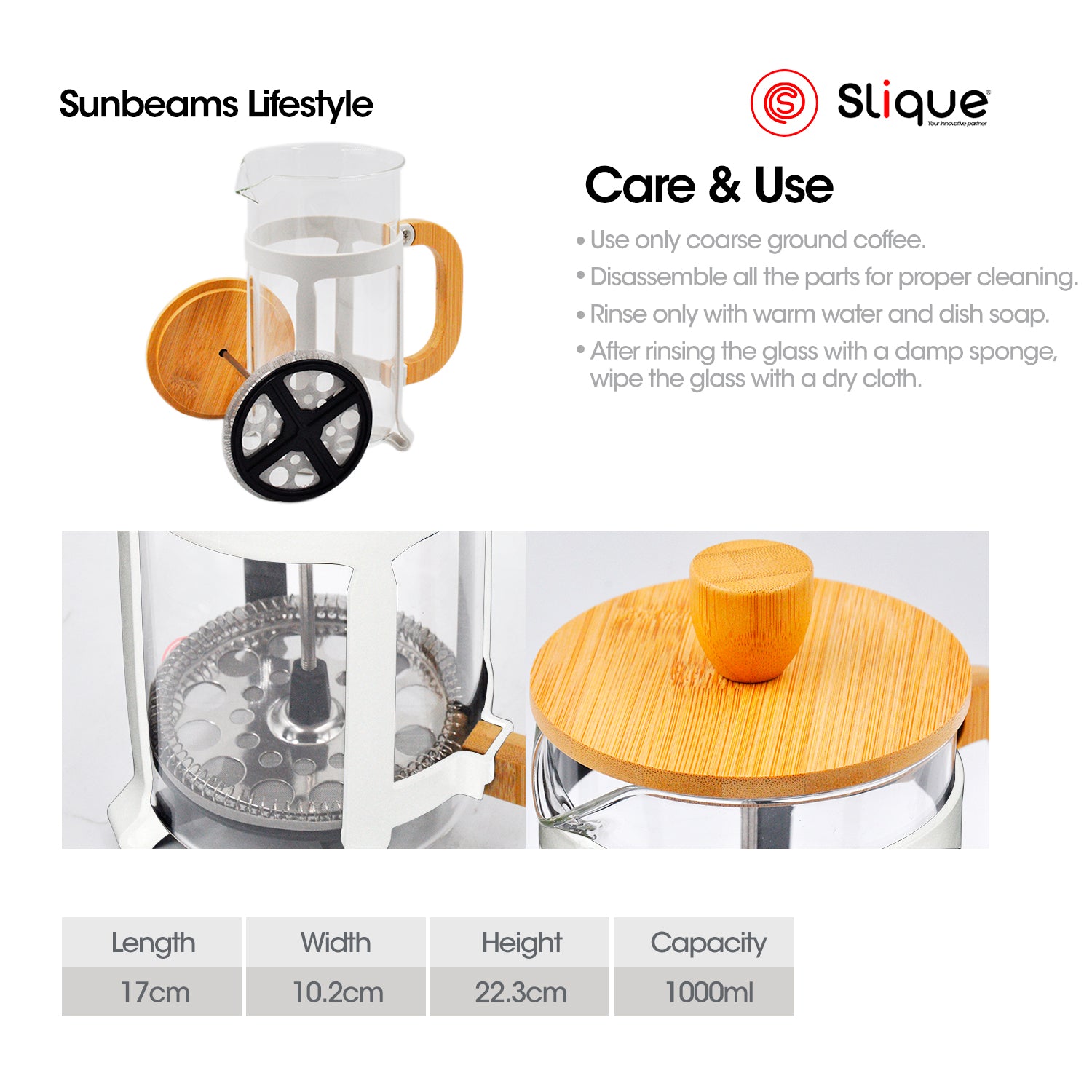 SLIQUE French Coffee Press Boroscilicate Glass Bamboo Handle & Lid