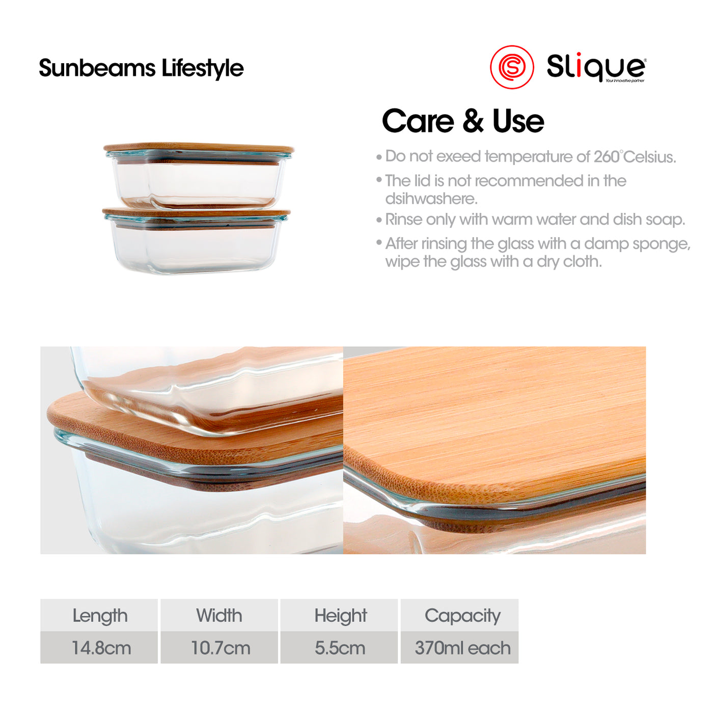 SLIQUE Food Container [Set of 2] Borosilicate Glass, Bamboo lid with Silicone Gasket | Airtight | Leak Proof | Storage Essentials