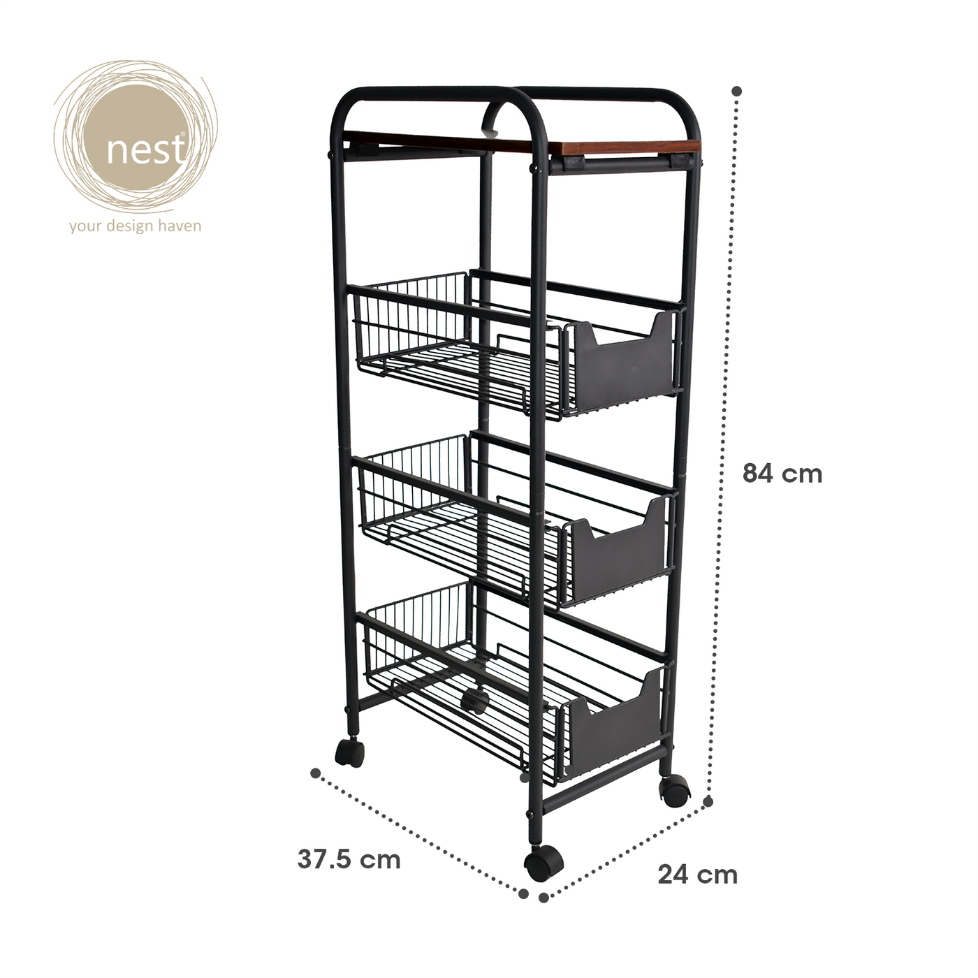 NEST DESIGN LAB 4 Tier Kitchen Basket Rack 37.5 x 24 x 84 cm Black Premium | Heavy duty | Durable Amazing Gift Idea For Any Occasion!