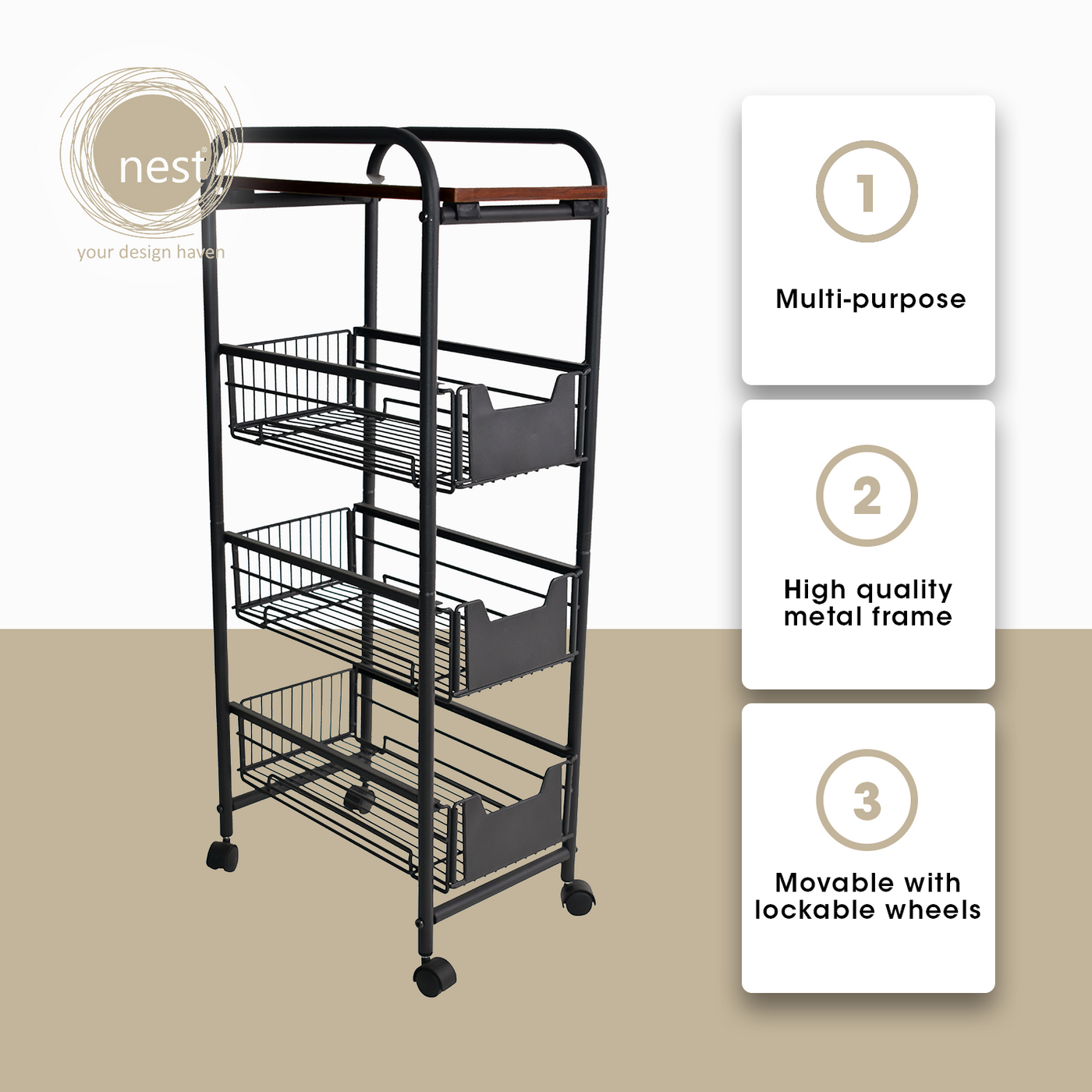 NEST DESIGN LAB 4 Tier Kitchen Basket Rack 37.5 x 24 x 84 cm Black Premium | Heavy duty | Durable Amazing Gift Idea For Any Occasion!