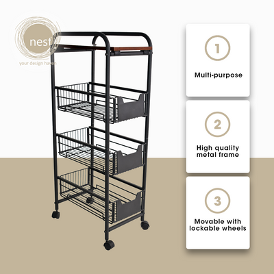 NEST DESIGN LAB 4 Tier Kitchen Basket Rack 37.5 x 24 x 84 cm Black Premium | Heavy duty | Durable Amazing Gift Idea For Any Occasion!