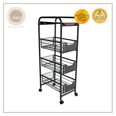 NEST DESIGN LAB 4 Tier Kitchen Basket Rack 37.5 x 24 x 84 cm Black Premium | Heavy duty | Durable Amazing Gift Idea For Any Occasion!