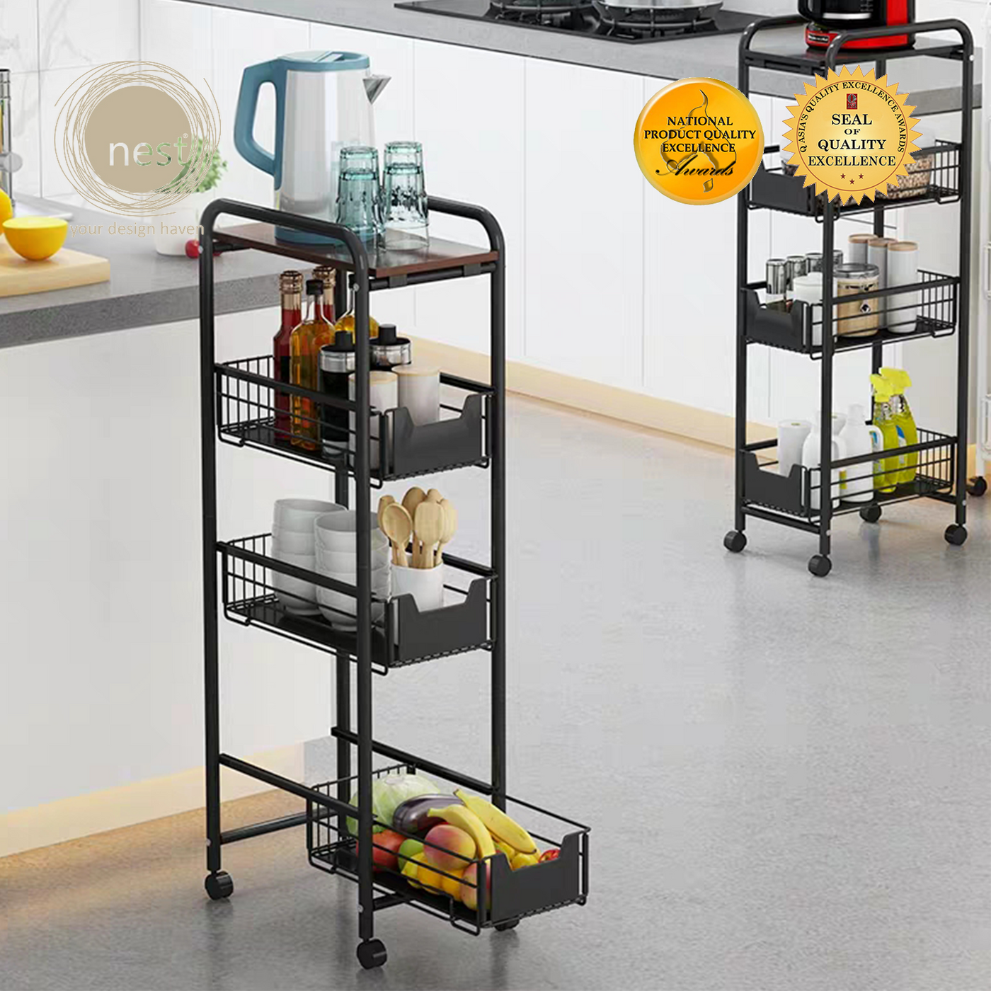 NEST DESIGN LAB 4 Tier Kitchen Basket Rack 37.5 x 24 x 84 cm Black Premium | Heavy duty | Durable Amazing Gift Idea For Any Occasion!