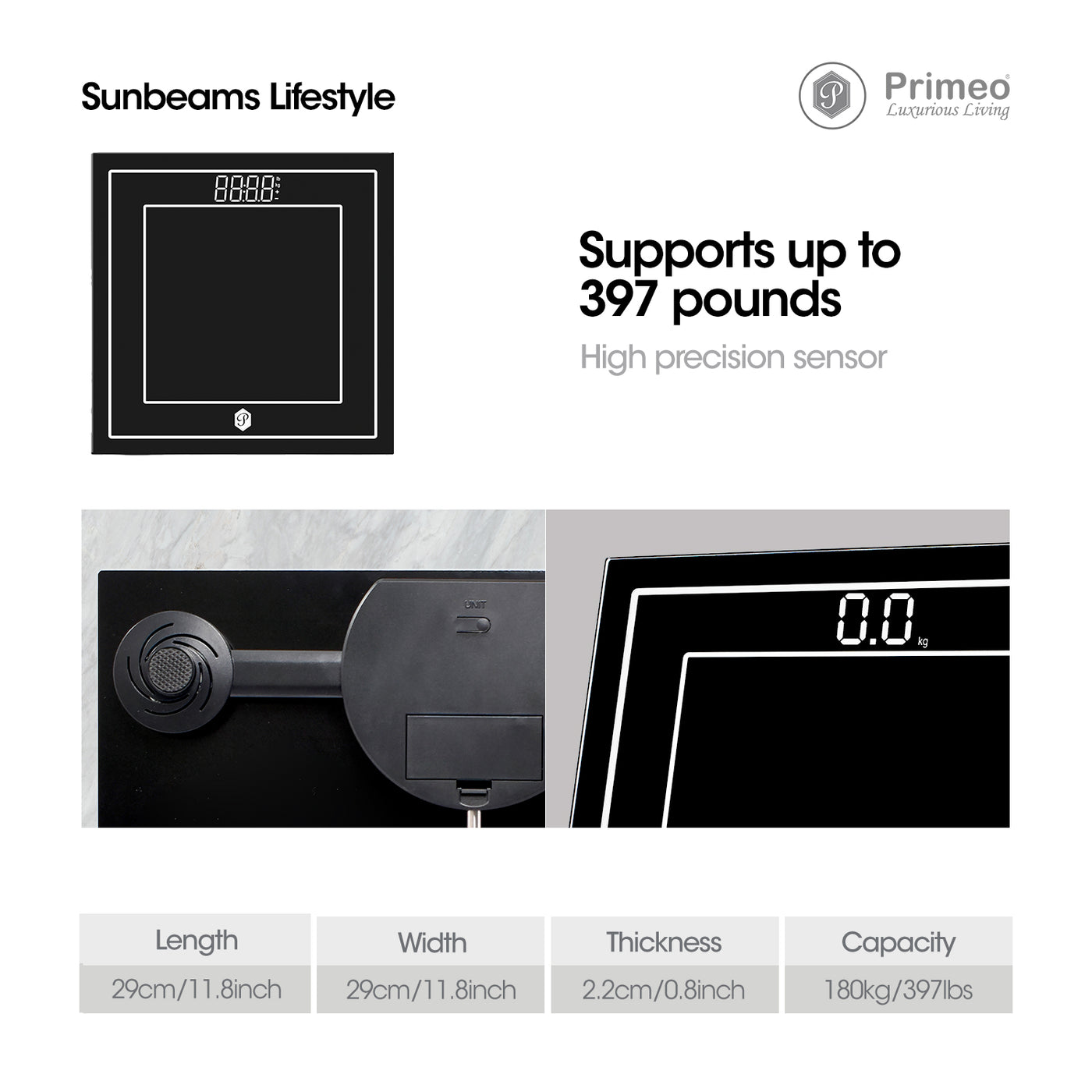 Primeo Digital Bathroom Body Weighing Scale Tempered Glass 30x30x2.2cm High Precision