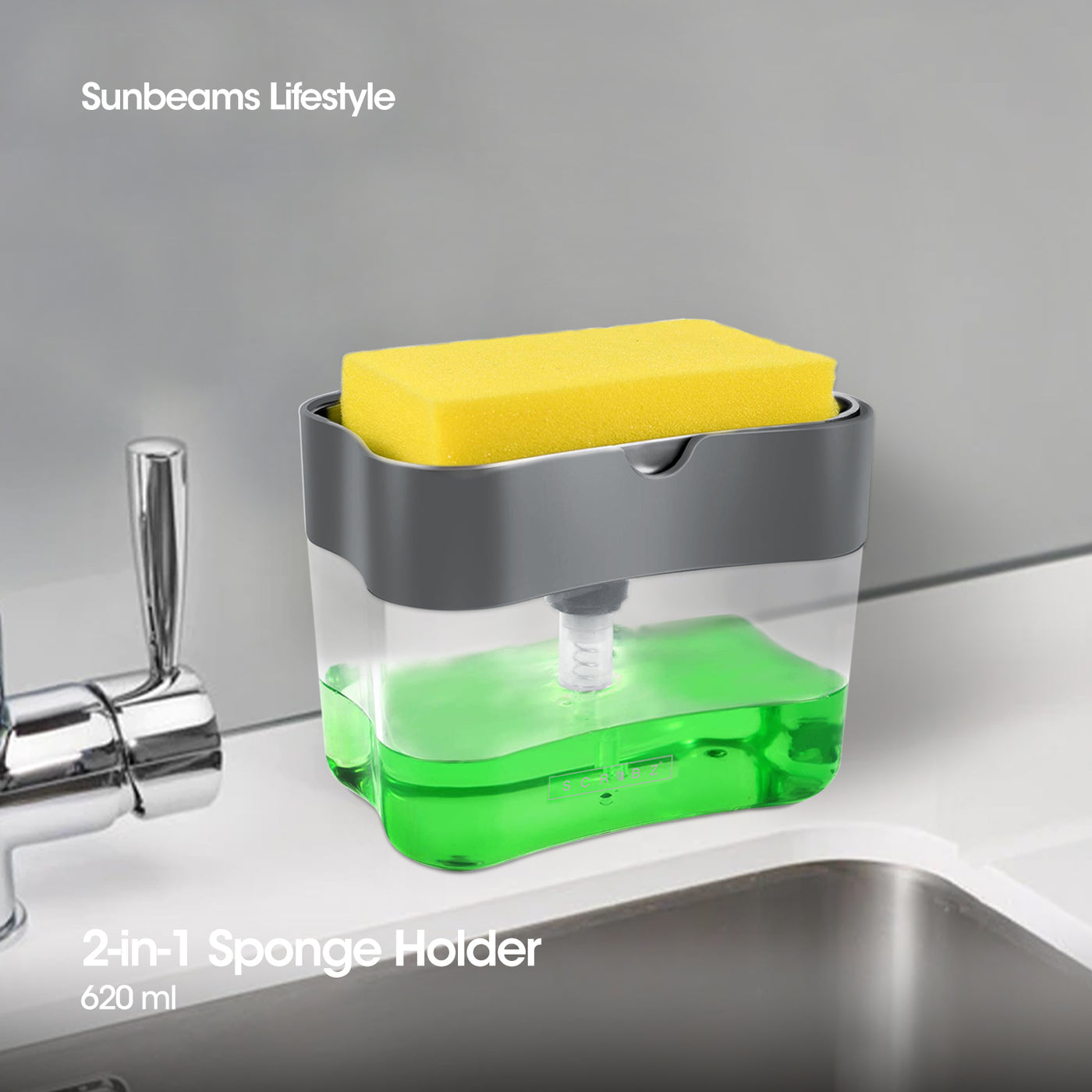 SCRUBZ Premium 2-in-1 Sponge Holder w/ Soap Dispenser Cleaning Material 14 x 9 x 10.8 cm Made of Polypropylene(PP)