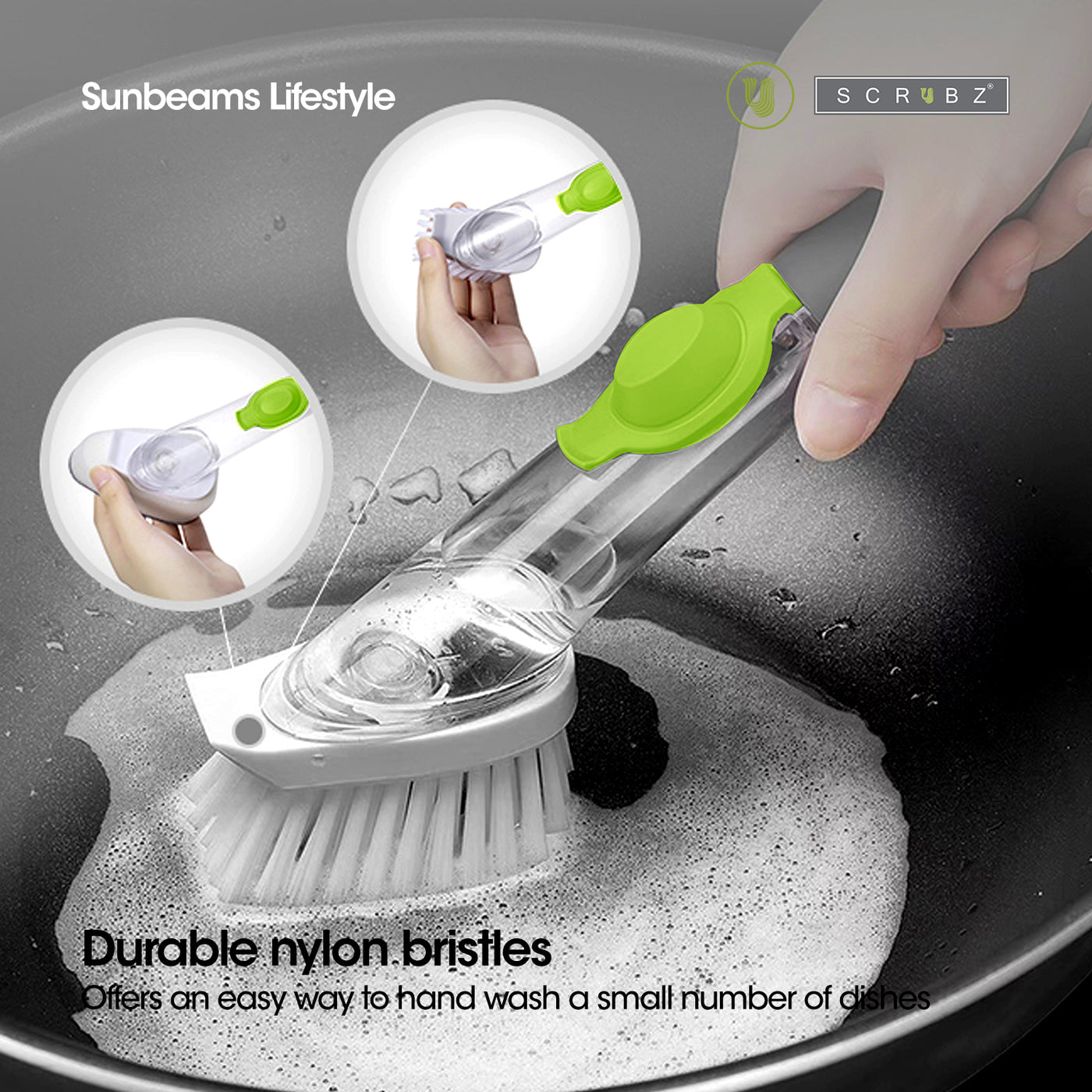 SCRUBZ Dish Brush & Sponge with Soap Dispenser PP+ TPR+ PET Heavy Duty | Multi-purpose | Perfect Cleaning Partner