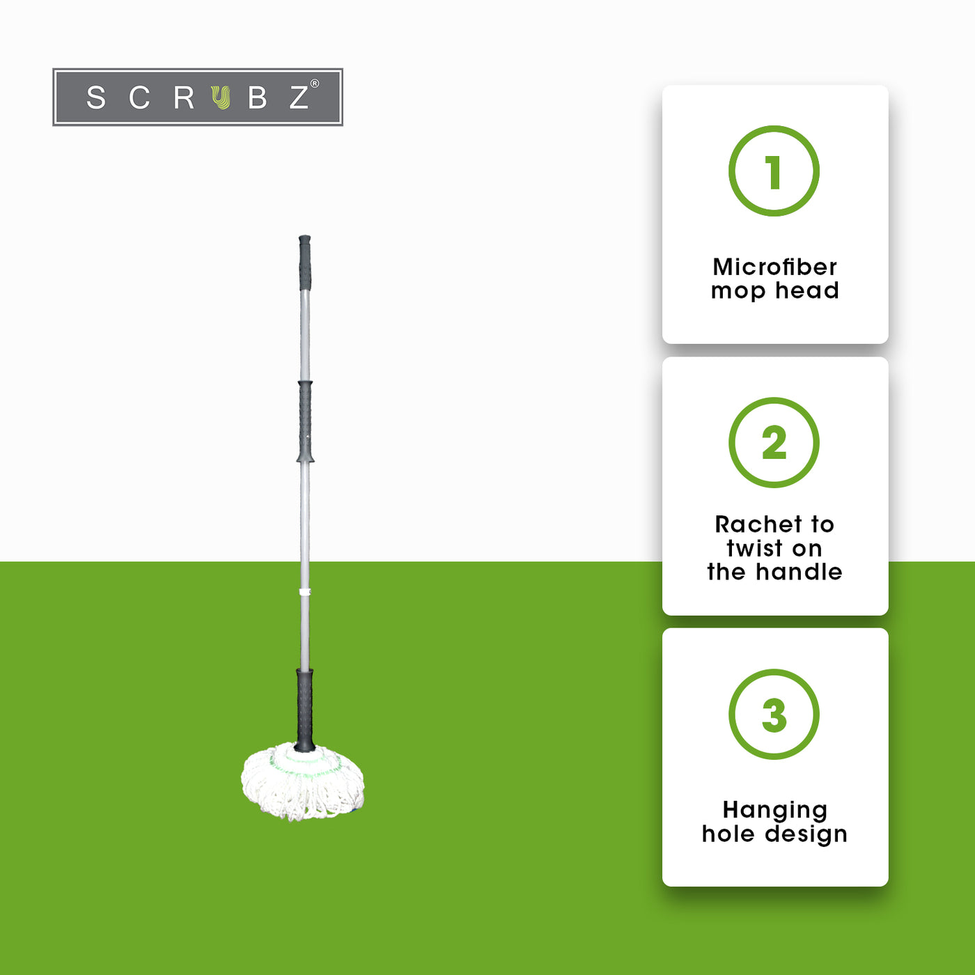 SCRUBZ Heavy Duty Cleaning Essentials Easy Grip Premium Microfiber Twist Mop Self-Wringing