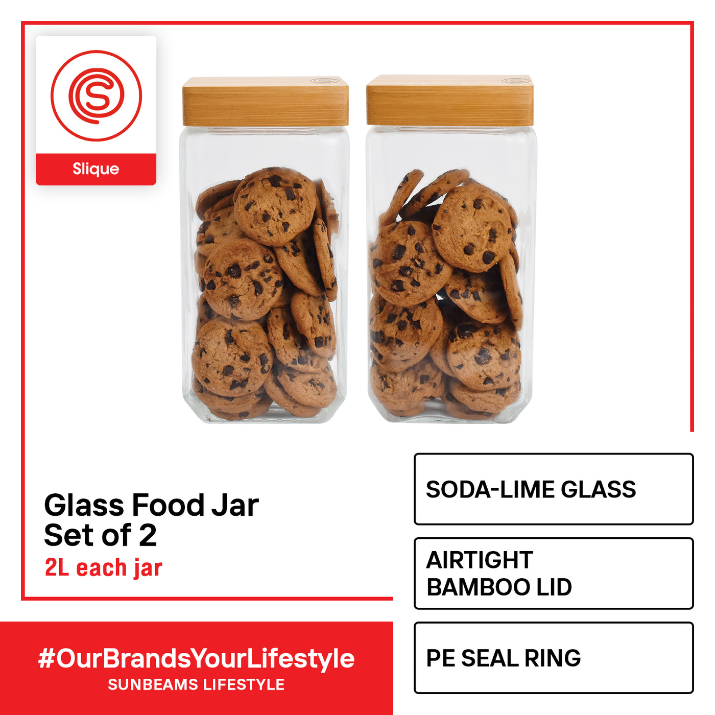 SLIQUE Premium Glass Jar w/ Bamboo Lid Airtight Set of 2 Storage Essentials Amazing Gift Idea For Any Occasion! 2000ml
