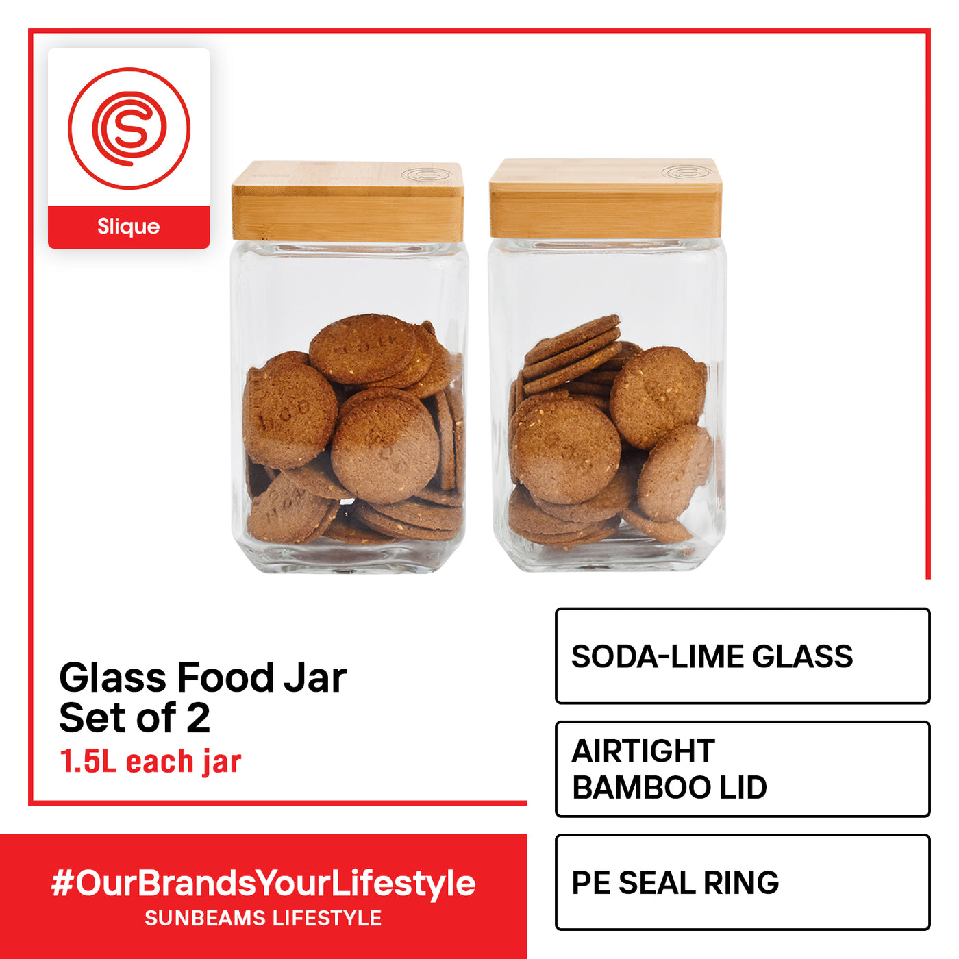 SLIQUE Premium Glass Jar w/ Stainless Steel Lid Airtight Set of 2 Storage Essentials Amazing Gift Idea For Any Occasion! 1500ml