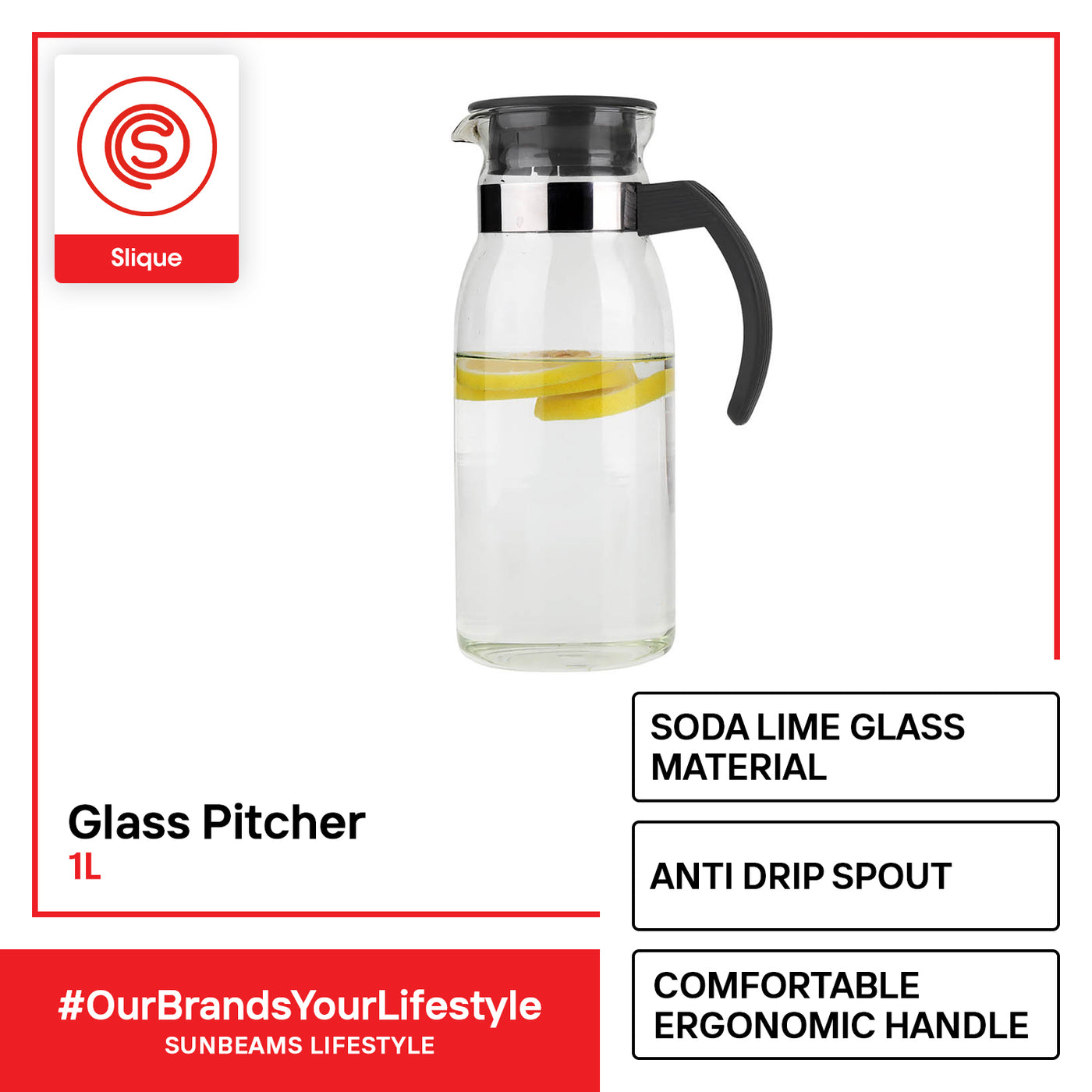 SLIQUE Premium Glass Bottle w/ Cover Pitcher 1000mL Amazing Gift Idea For Any Occasion!