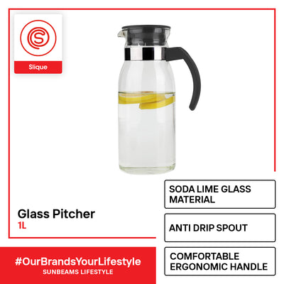 SLIQUE Premium Glass Bottle w/ Cover Pitcher 1000mL Amazing Gift Idea For Any Occasion!