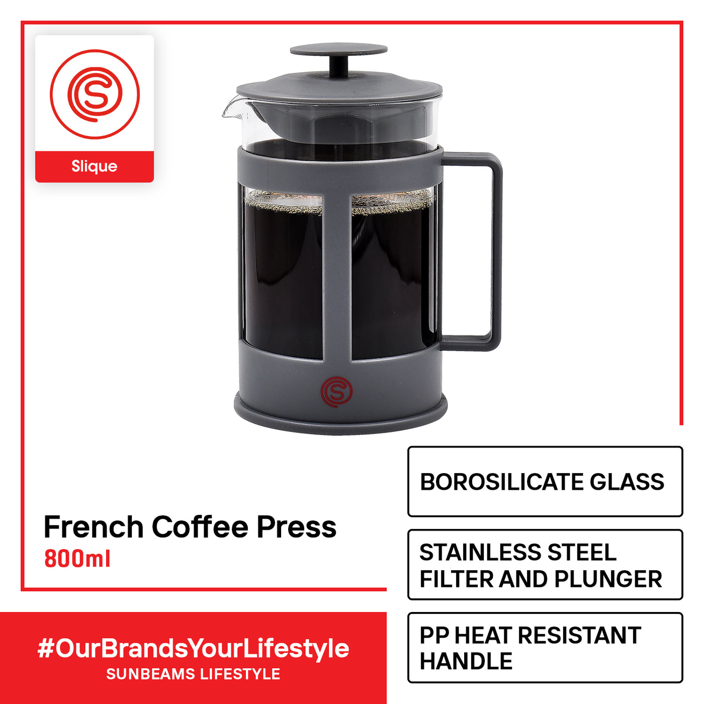 SLIQUE Premium Borosilicate Glass French Coffee Press 800ml