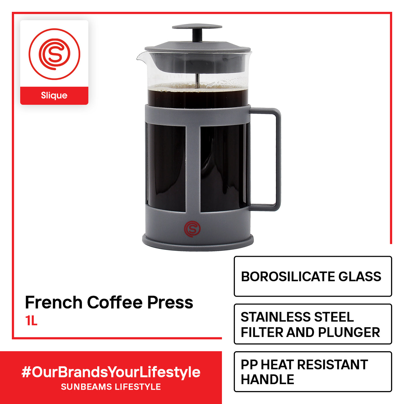 SLIQUE Premium Borosilicate Glass French Coffee 1000ml Modern Italian Design Amazing Gift Idea For Any Occasion!