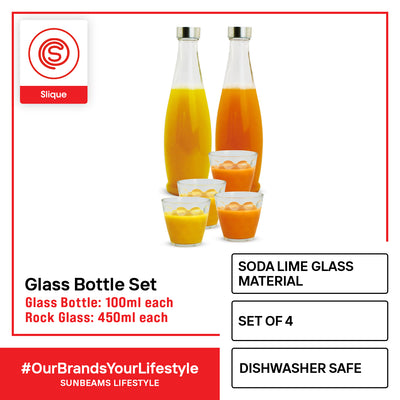 SLIQUE Premium Glass Bottle w/ Cover and Rock Glass Set of 4 Amazing Gift Idea For Any Occasion!