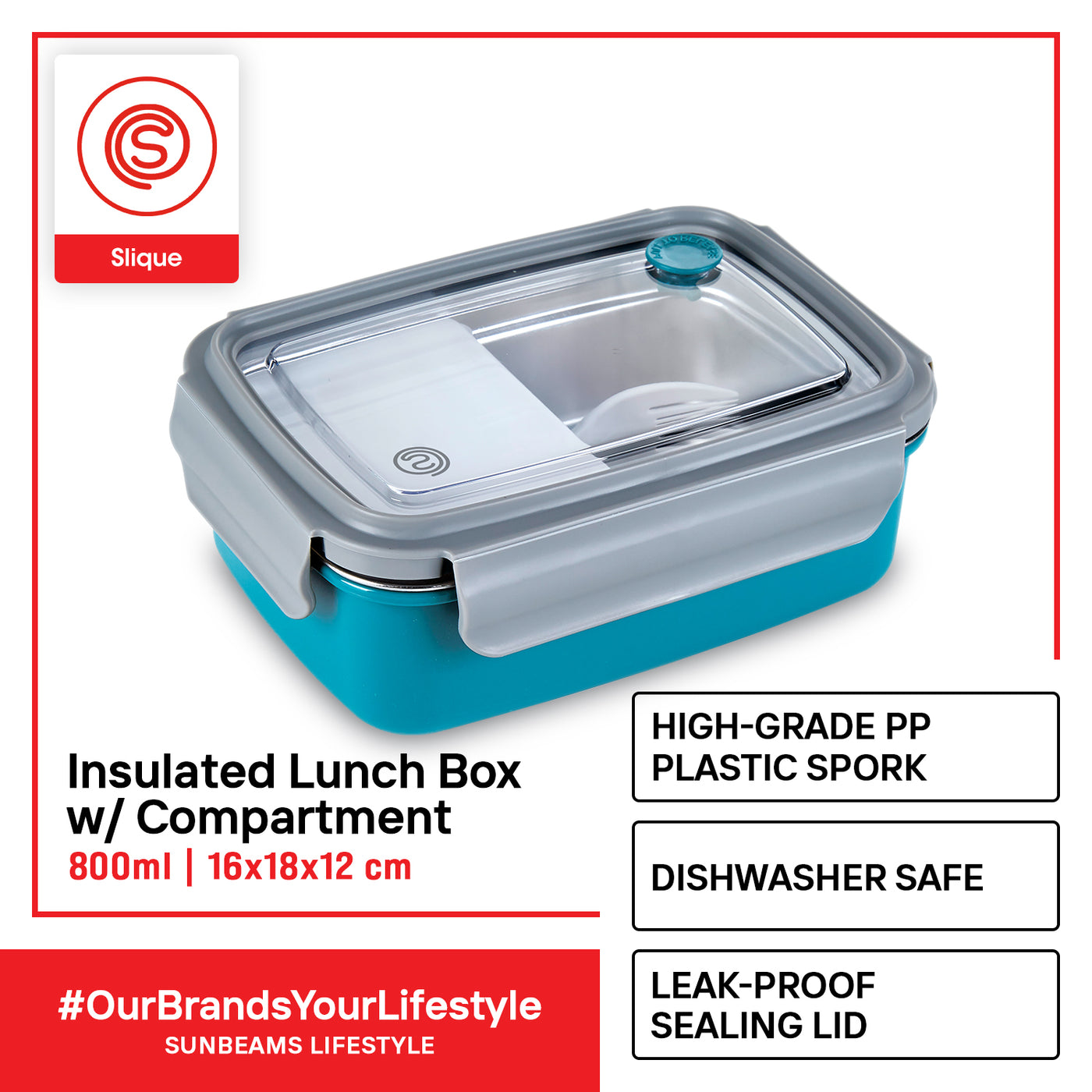 SLIQUE Premium SS Insulated Lunch Box with Compartment Vent Spork 800ml (Aqua Green)