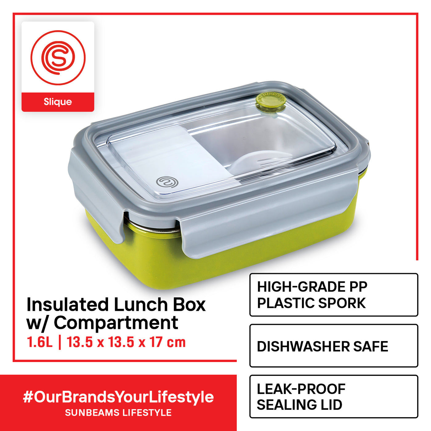 SLIQUE Premium SS Insulated Lunch Box with Compartment Vent Spork 1000ml Amazing Gift Idea For Any Occasion! (Green)