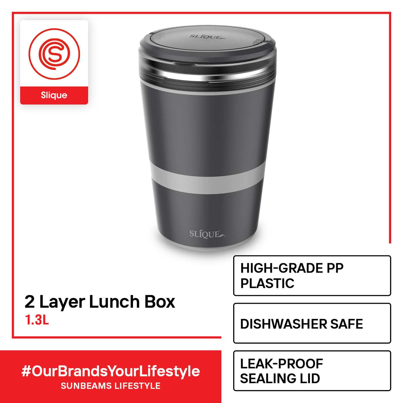SLIQUE Premium 2 Layer Stainless Steel Insulated Lunch Box 1300ml1.3L BPA Free Amazing Gift Idea For Any Occasion! (Gray)