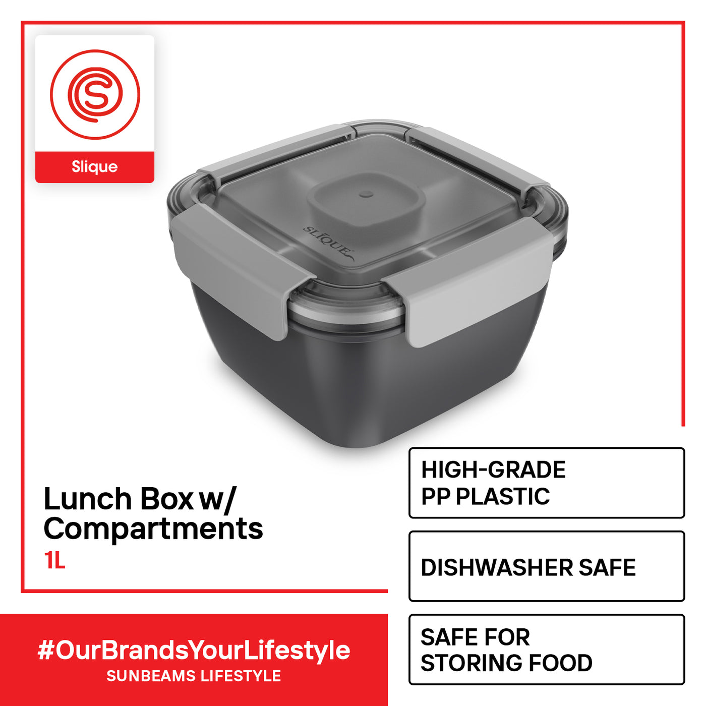 SLIQUE Premium Lunch Box w/ Compartments 1000ml1L (Dark Gray)