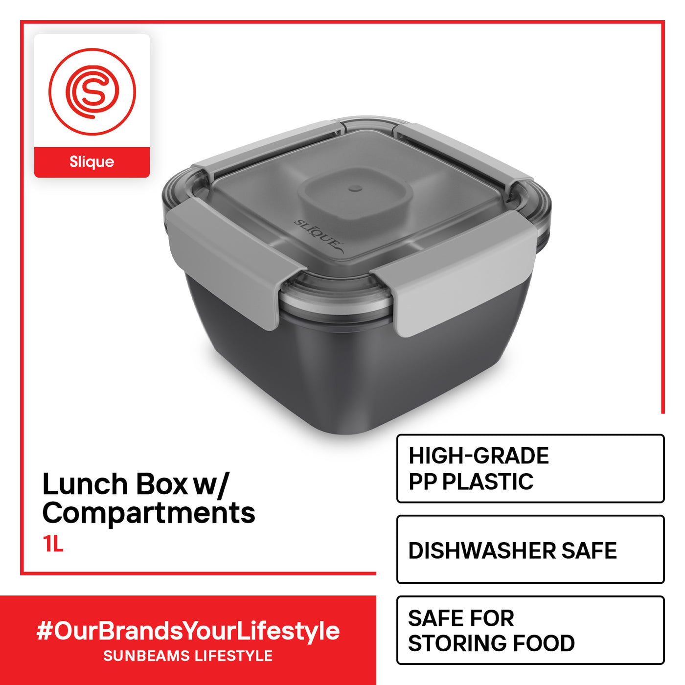 SLIQUE Premium Lunch Box w/ Compartments 1000ml1L BPA Free Airtight Microwave Safe Amazing Gift Idea For Any Occasion! (Dark Gray)