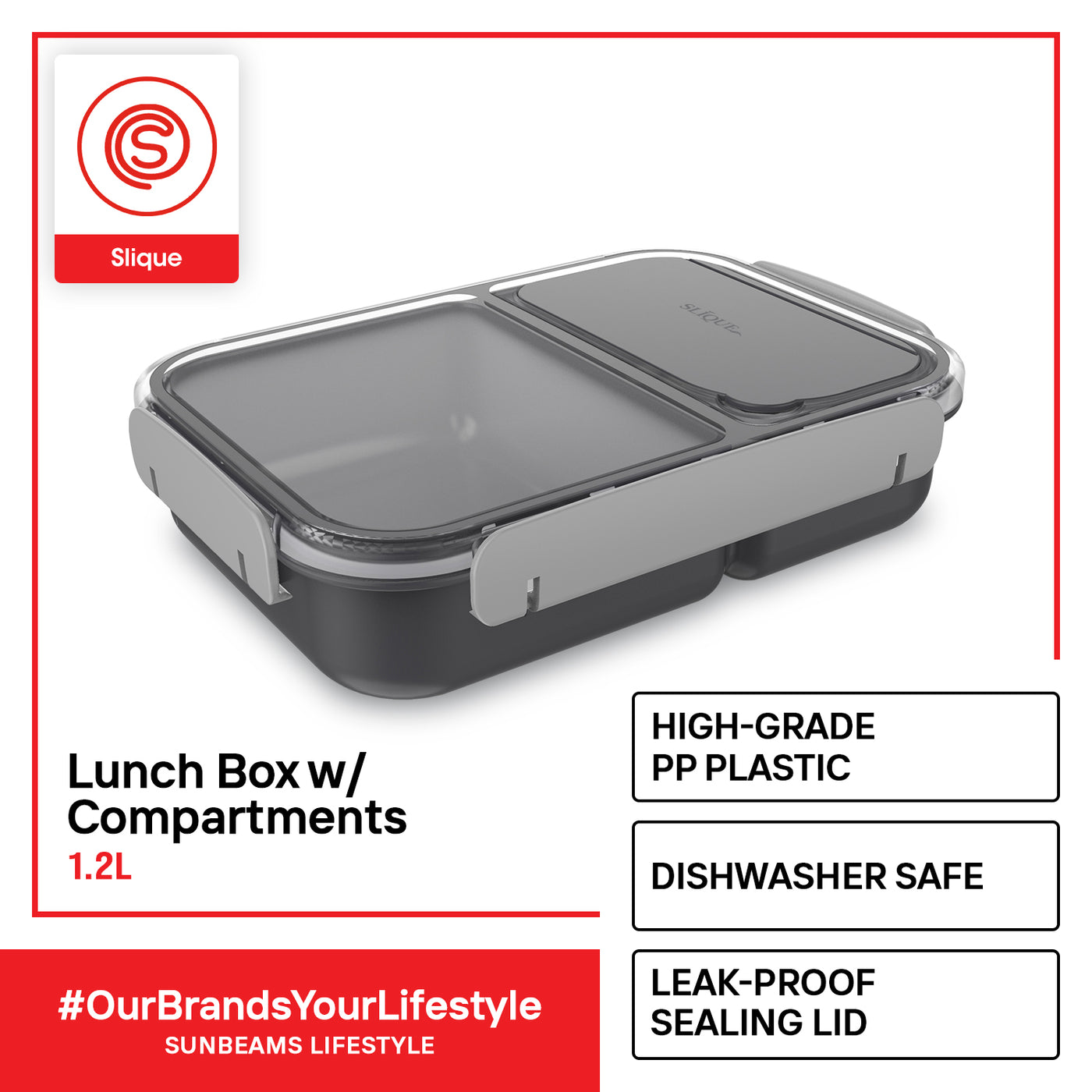 SLIQUE Premium Lunch Box w/ Compartments 1200ml|1.2L BPA Free Airtight Microwave Safe Amazing Gift Idea For Any Occasion! (Dark Gray)