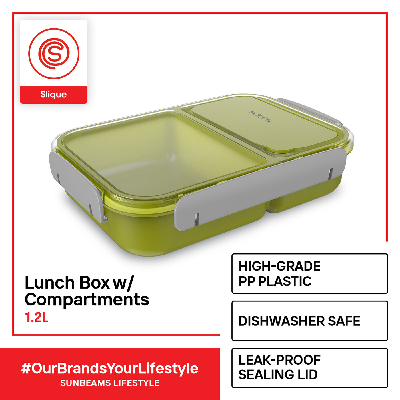SLIQUE Premium Lunch Box w/ Compartments 1200ml|1.2L (Green)